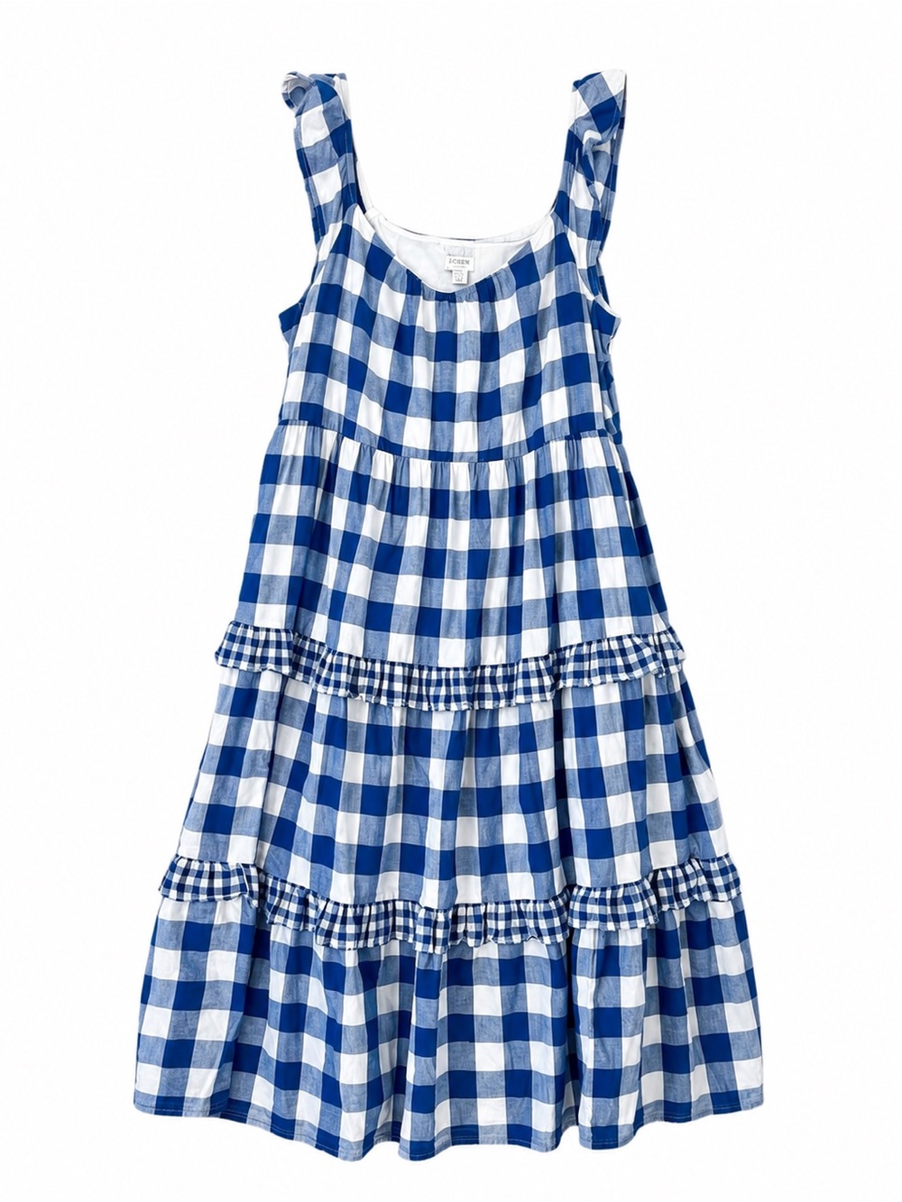 J.Crew Blue White Gingham Tiered Midi Dress Ruffle 100% Cotton L